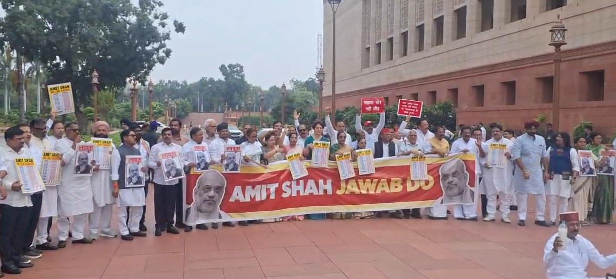 संसद परिसर में विपक्षी सांसदों ने किया विरोध प्रदर्शन, अमित शाह से सदन में जवाब देने की मांग